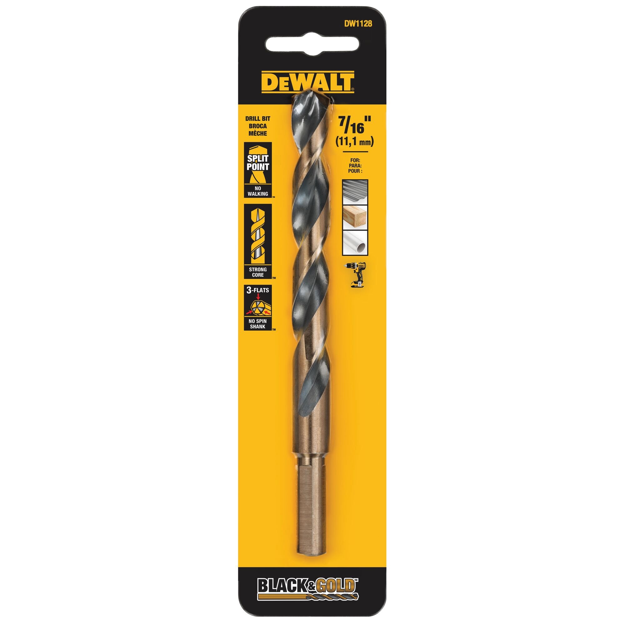 DeWalt DW1128 7 16 Inch Black Oxide 3 8 Inch Reduced Shank Split Point Twist Drill Bit