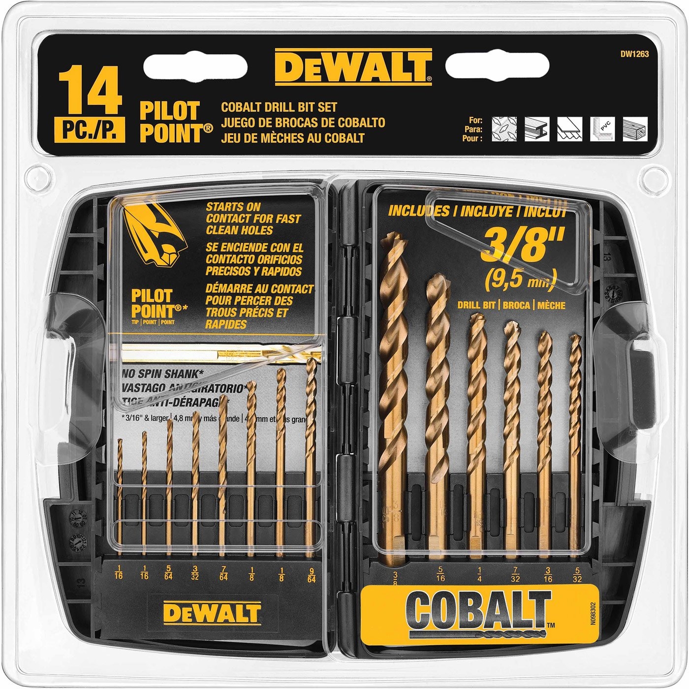 DEWALT DW1263 14 Piece Cobalt Alloy Pilot Point Drill Bit Set 