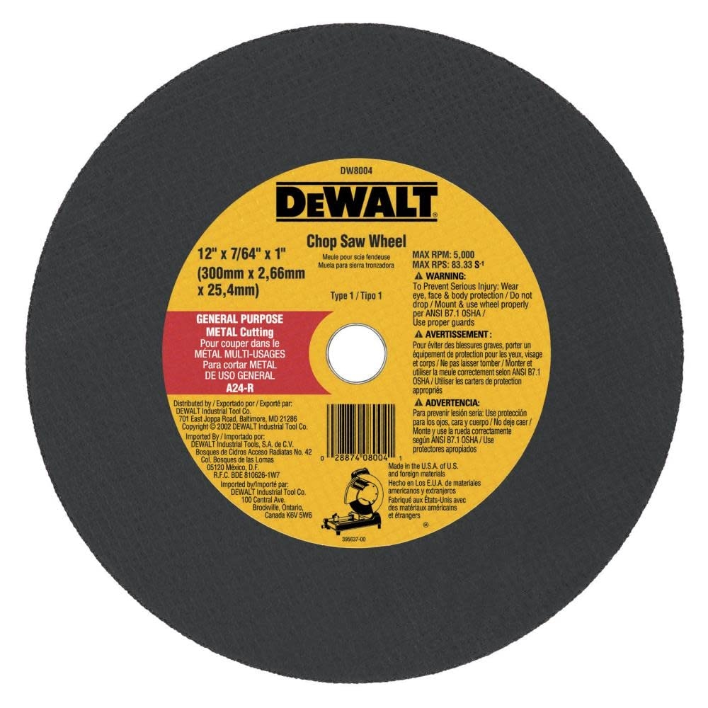 DeWalt DW8004 12 X 7 64 X 1 General Purpose Chop Saw Wheel Metal 