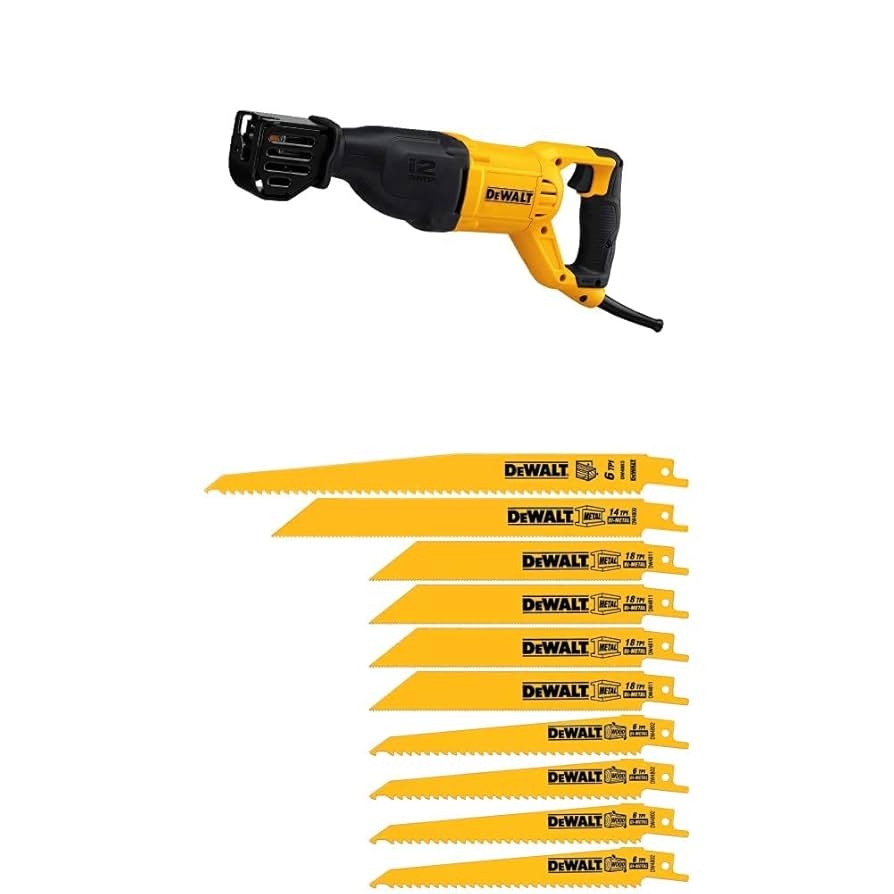 DEWALT DWE305 12 Amp Corded Reciprocating Saw With DW4898 Bi Metal Reciprocating Saw Blade Set With Case 10 Piece Amazon