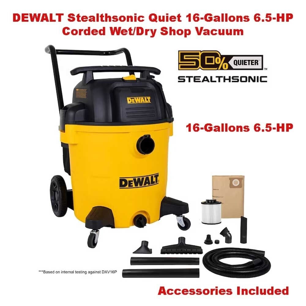 DEWALT Stealthsonic Quiet 16 Gallons 6 5 HP Wet Dry Shop Vacuum U0026 Accessories
