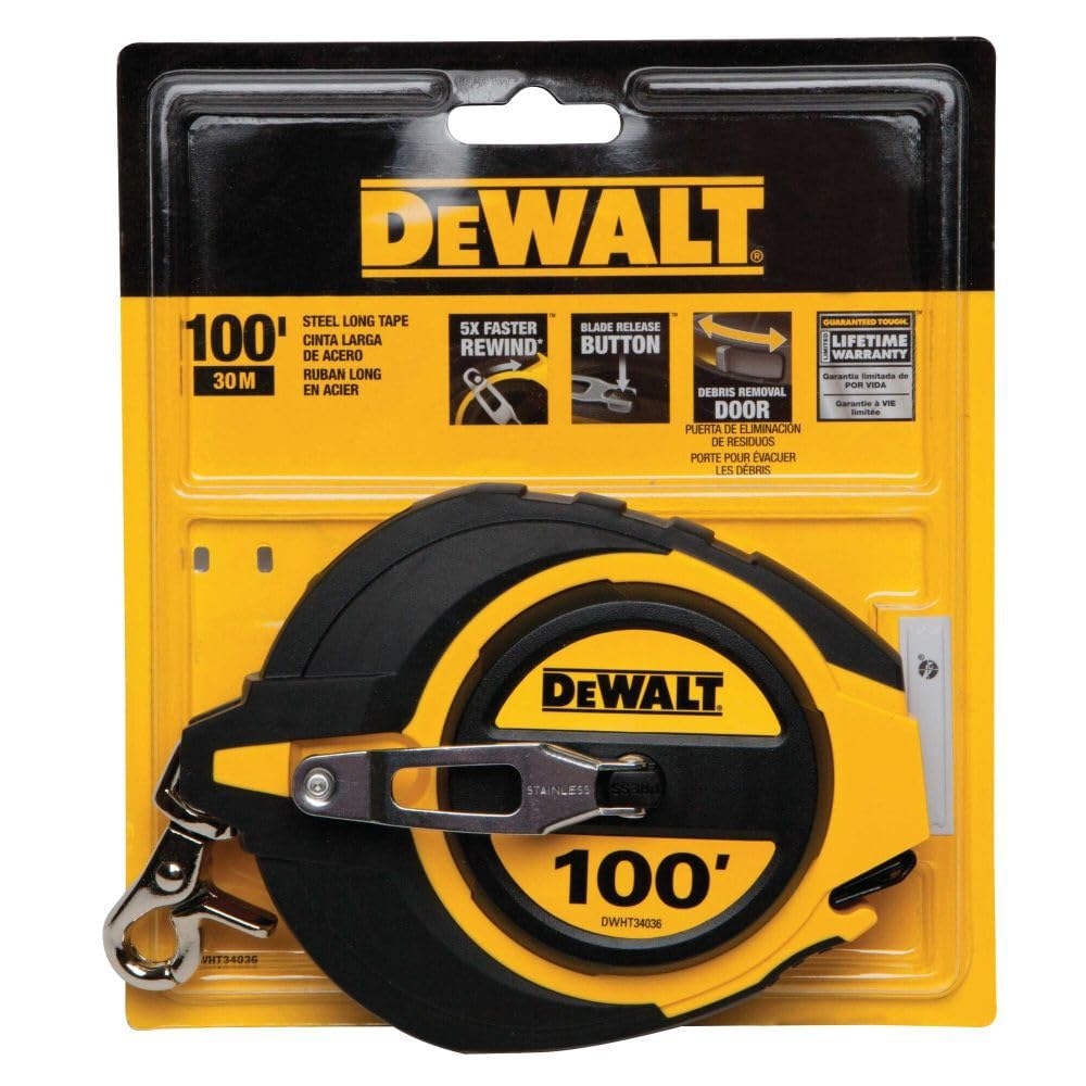 DEWALT Tape Measure 100 Foot Self Lock Solid Chrome Finish Rubber Grip DWHT34036L Tape Measures Amazon