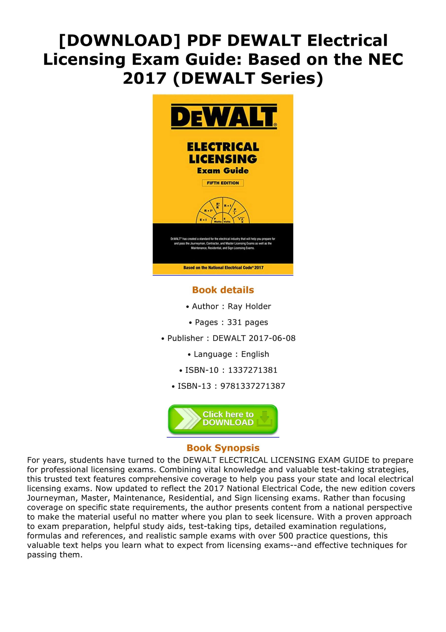 EDUCATION BOOK FREE DOWNLOAD ODIS DOWNLOAD PDF DEWALT Electrical Licensing Exam Guide Based On The NEC 2017 DEWALT Series Page 1 Created With Publitas
