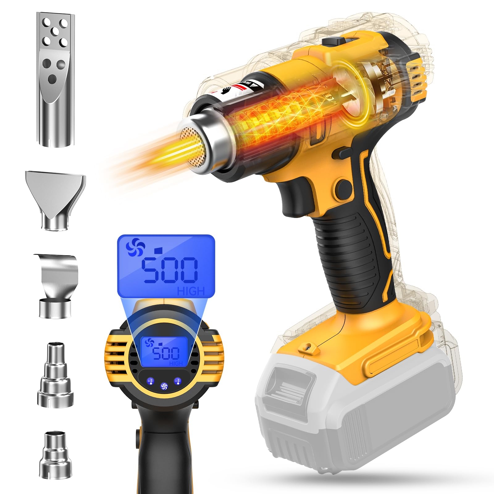 LIVOWALNY Cordless Heat Gun Compatible With Dewalt 20v Battery 350W 122 1022 Fast Heating Soldering Hot Air Gun With LCD Digital Display For Shrink Tubing PVC Wrap Craft Epoxy Resin No Battery 