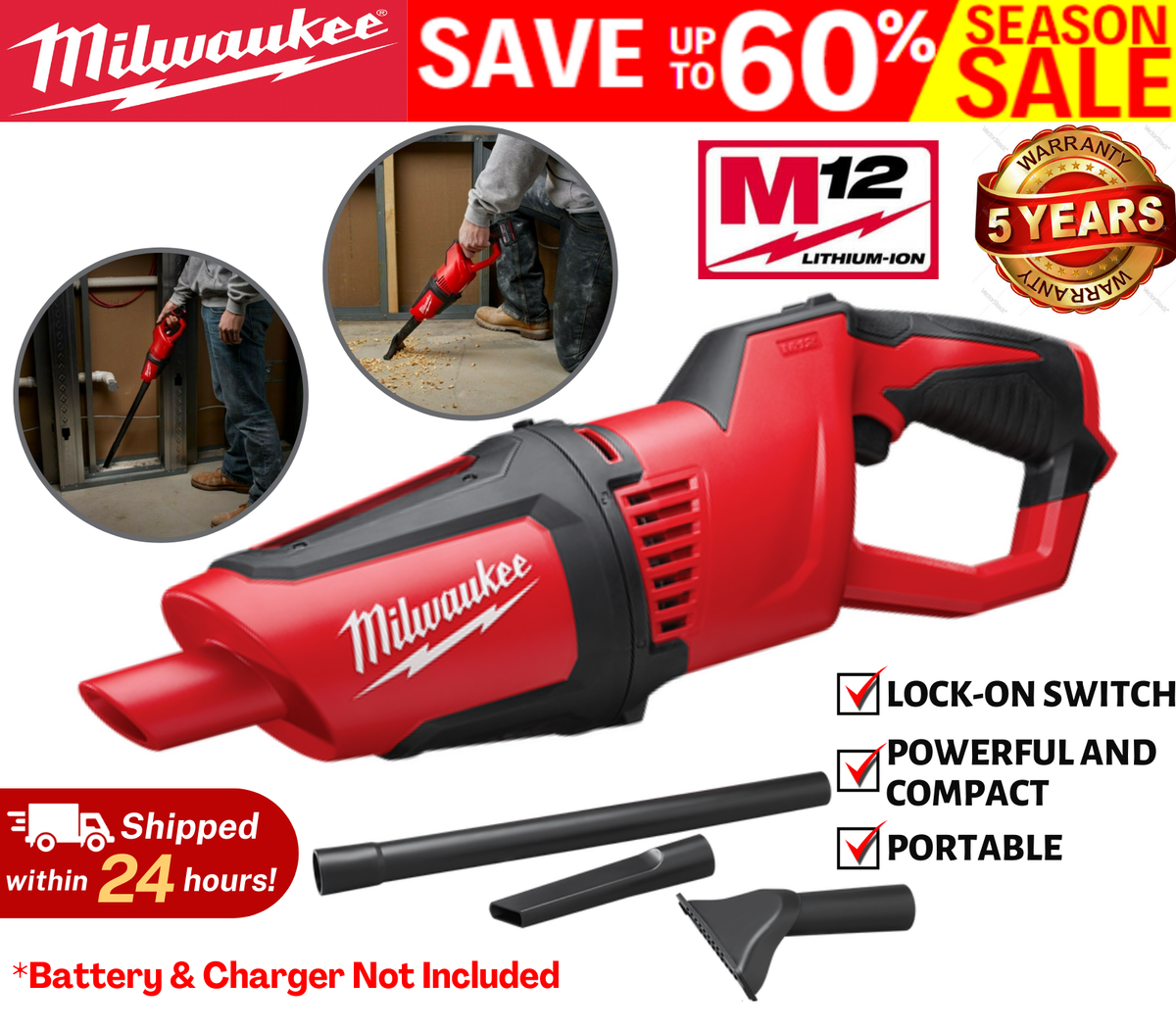 Milwaukee 12V Li Ion Cordless Vacuum Cleaner M12HV 0 Compact Handheld Stick Tool EBay