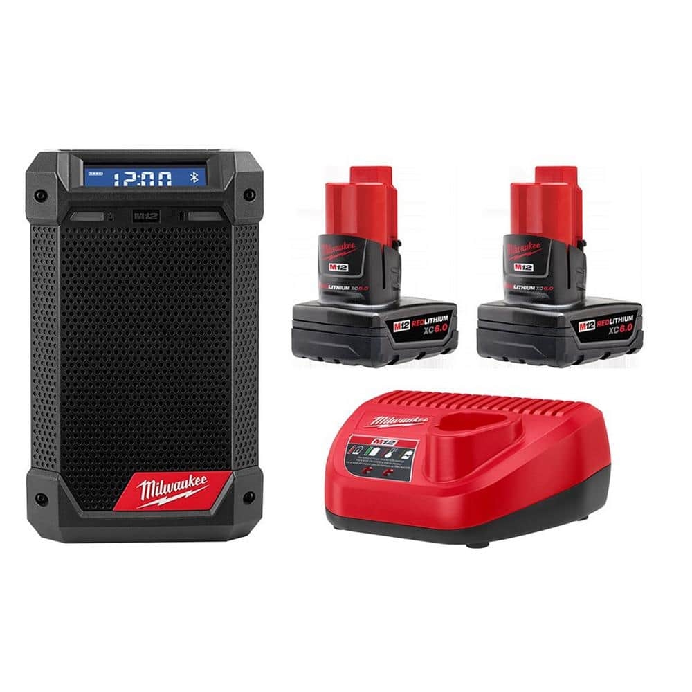 Milwaukee Electric Tool Brandclub M12 12 Volt Lithium Ion Cordless Bluetooth AM FM Jobsite Radio With Charger With Two M12 6 0 Ah Battery Packs Charger