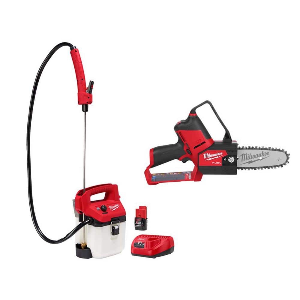 Milwaukee M12 12 Volt 1 Gal Lithium Ion Cordless Handheld Sprayer Kit With 6 In HATCHET Pruning Saw 2 0 Ah Battery Charger 2528 21G1 2527 20 The Home Depot