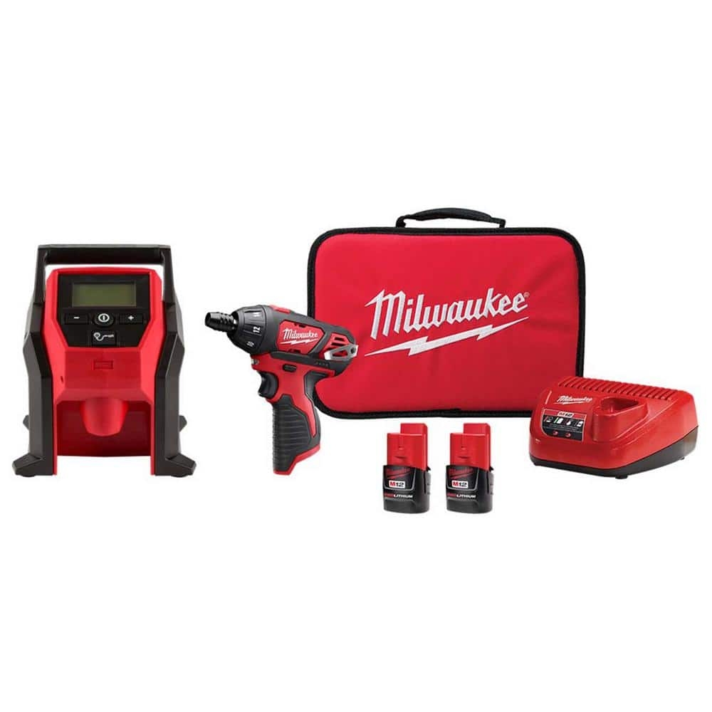 Milwaukee M12 12 Volt Electric Portable Inflator Tool Only And M12 12V 1 4 In Hex Screwdriver Kit With 2 1 5Ah Batteries 2475 20 2401 22 The Home Depot