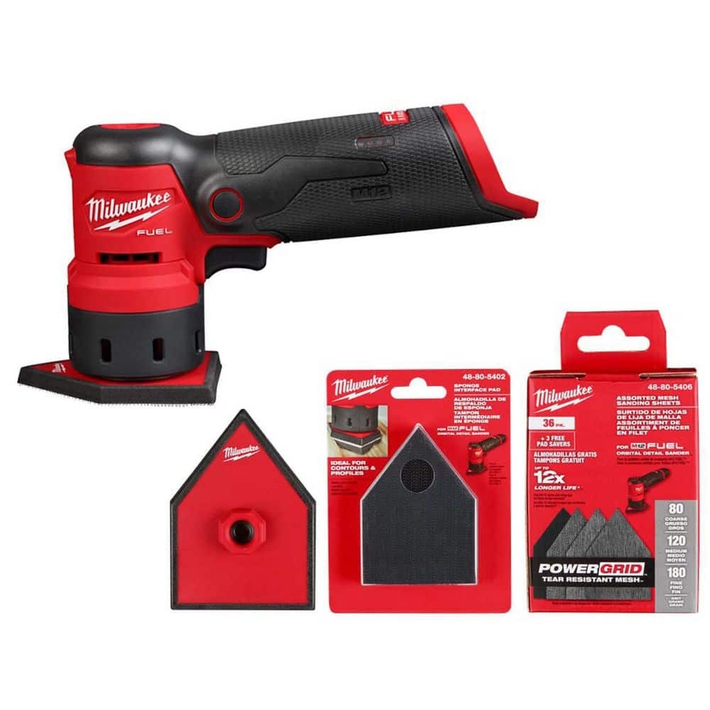 Milwaukee M12 12 Volt FUEL Lithium Ion Cordless Orbital Detail Sander Tool Only W Assorted Sanding Sheets Sander Pad Sponge Pad 2531 20 48 80 5406 49 36 2531 48 80 5402 The Home Depot