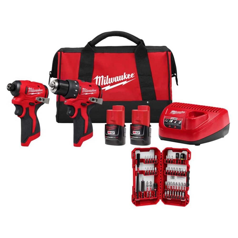 Milwaukee M12 12 Volt Lithium Ion Brushless Cordless Subcompact Drill And Impact Driver Combo Kit W 45 Pc Bit Set 2 Tool 3494 22 48 32 4023 The Home Depot