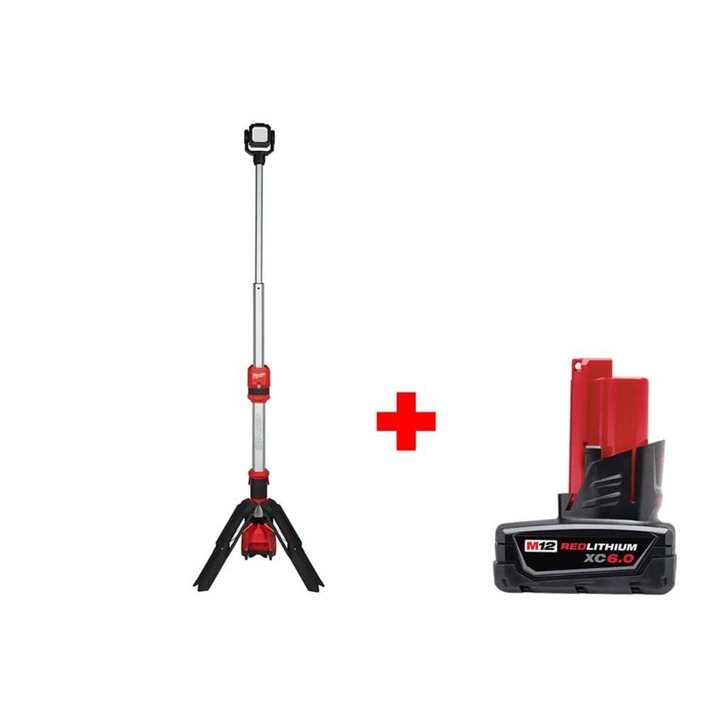 Milwaukee M12 12 Volt Lithium Ion Cordless 1400 Lumen ROCKET LED Stand Work Light W 6 0 Ah M12 Battery 2132 20 48 11 2460 The Home Depot