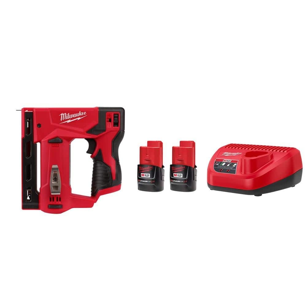 Milwaukee M12 12 Volt Lithium Ion Cordless 3 8 In Crown Stapler With M12 Compact 2 0 Ah Battery 2 Pack Starter Kit And Charger 2447 20 48 59 2420P The Home Depot