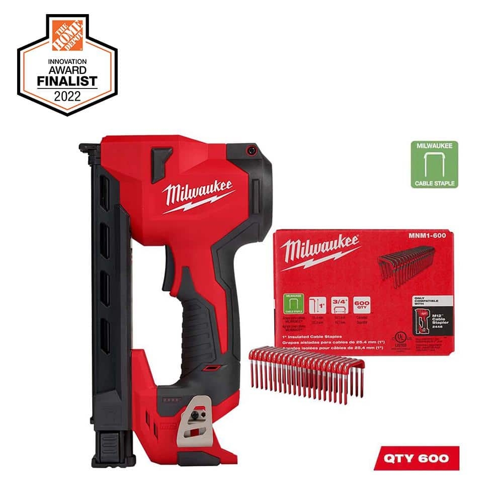 Milwaukee M12 12 Volt Lithium Ion Cordless Cable Stapler W 1 In Insulated Cable Staples 600 Per Box 2448 20 MNM1 600 The Home Depot