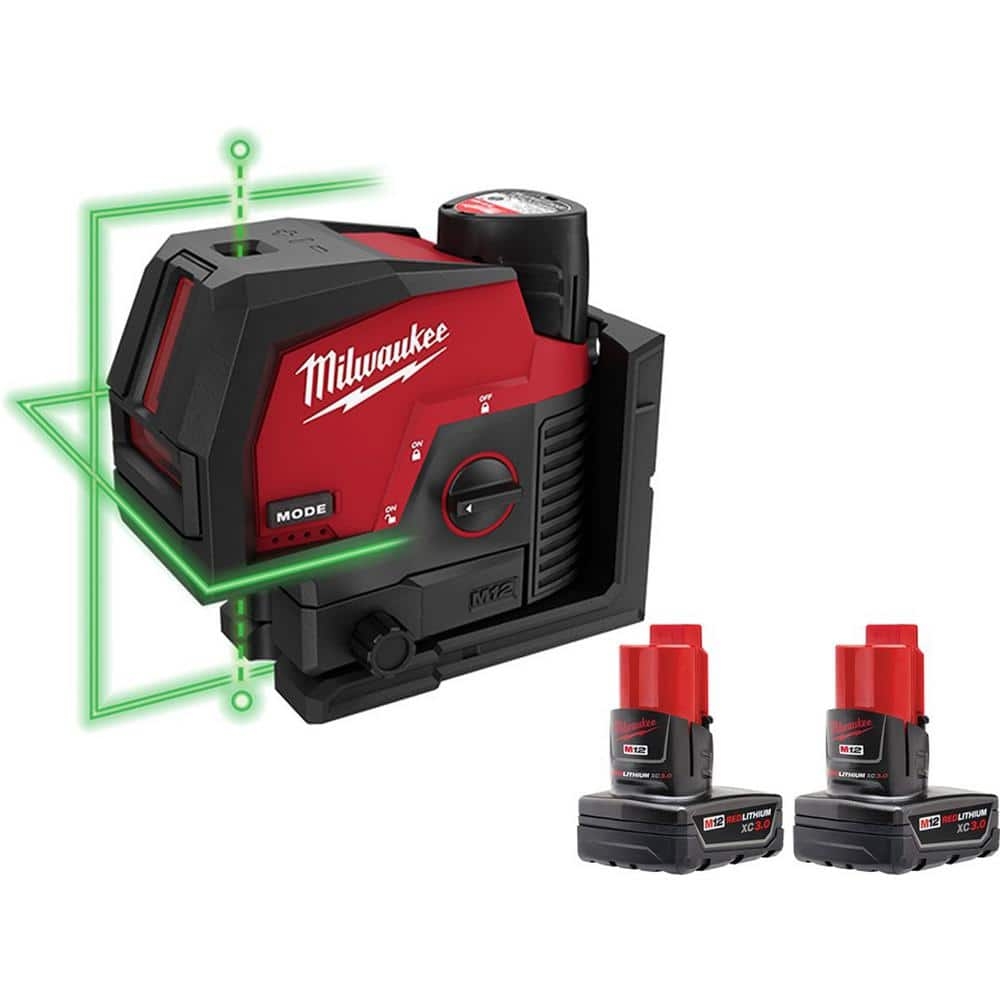 Milwaukee M12 12 Volt Lithium Ion Cordless Green 125 Ft Cross Line And Plumb Points Laser Level Kit With 3 Batteries 3622 21 48 11 2412 The Home Depot