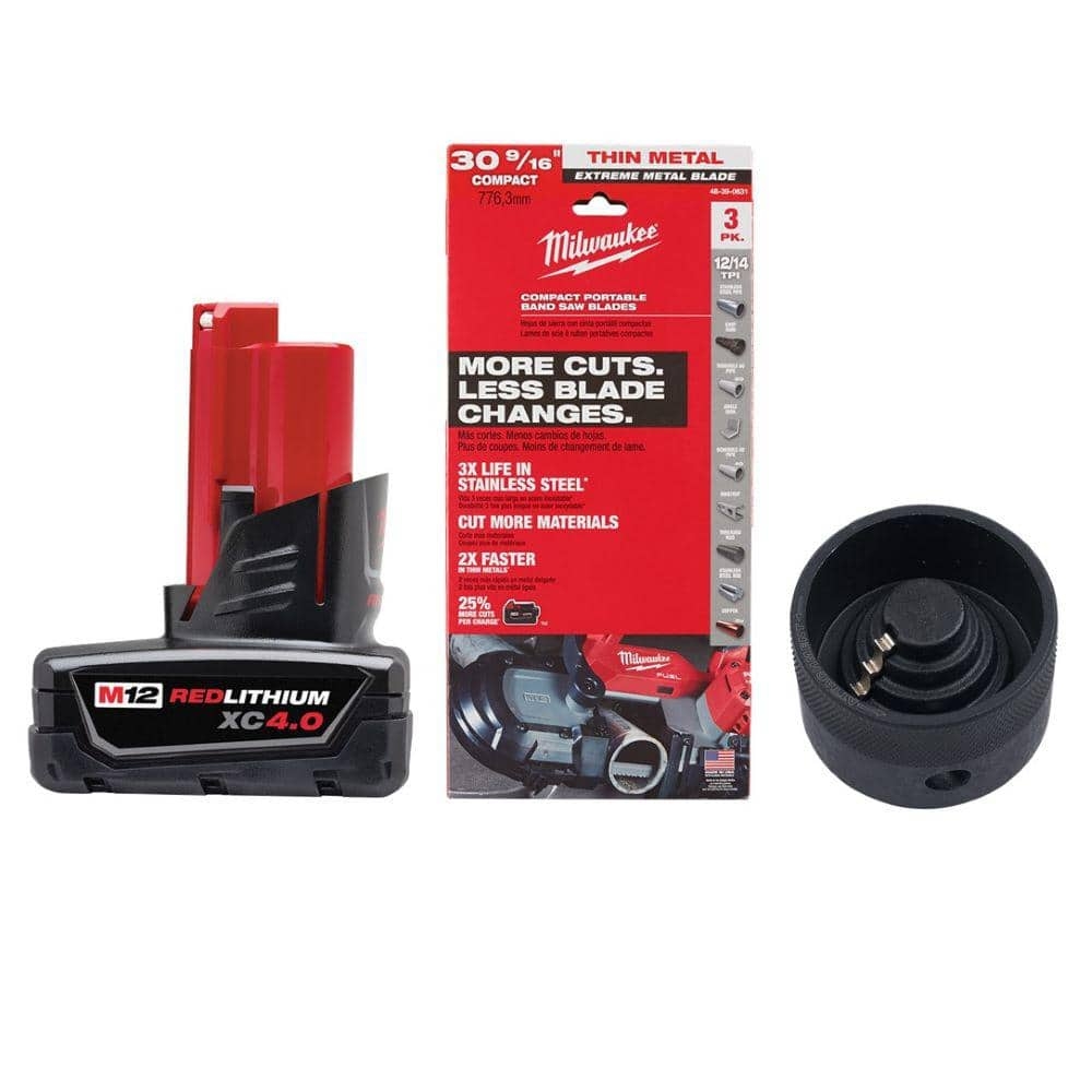 Milwaukee M12 12 Volt Lithium Ion XC Extended Capacity Battery Pack 4 0Ah W Band Saw Blade Band Saw Reamer Attachment 3 Pack 48 11 2440 48 39 0631 49 90 2029 The Home Depot