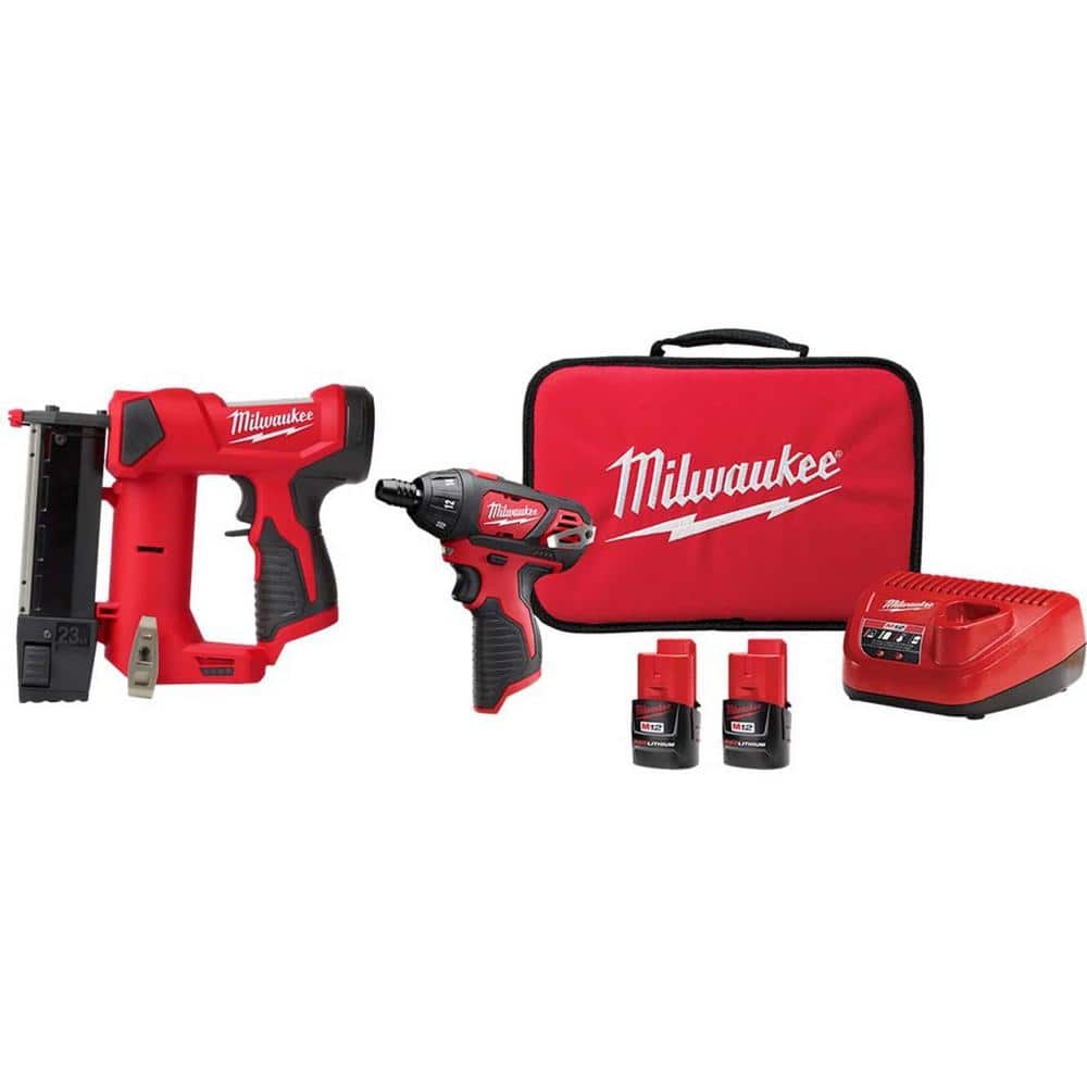 Milwaukee M12 12V 23GA Cordless Pin Nailer W M12 12V 1 4 In Hex Screwdriver Kit With 2 1 5Ah Batteries Charger And Tool Bag 2540 20 2401 22 The Home Depot