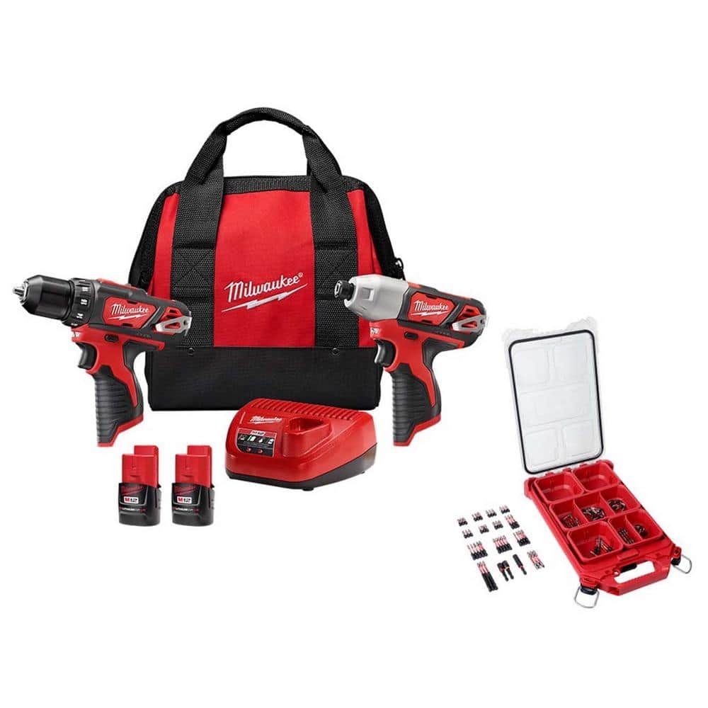 Milwaukee M12 12V Li Ion Cordless Drill Driver Impact Driver Combo Kit W Two 1 5Ah Batteries Charger And Bag 2 Tool Bit Set 2494 22 48 32 4082 The Home Depot