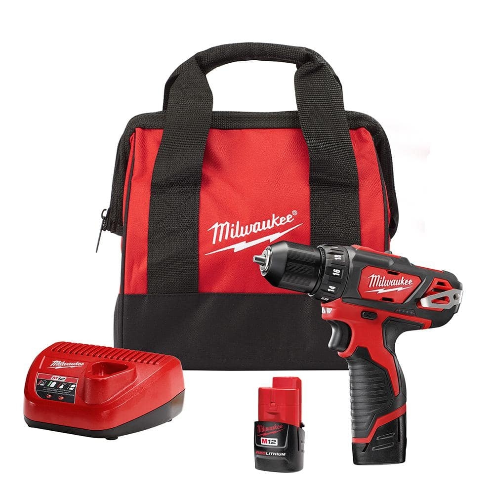 Milwaukee M12 12V Lithium Ion Cordless 3 8 In Drill Driver Kit With Two 1 5 Ah Batteries Charger And Tool Bag 2407 22 The Home Depot