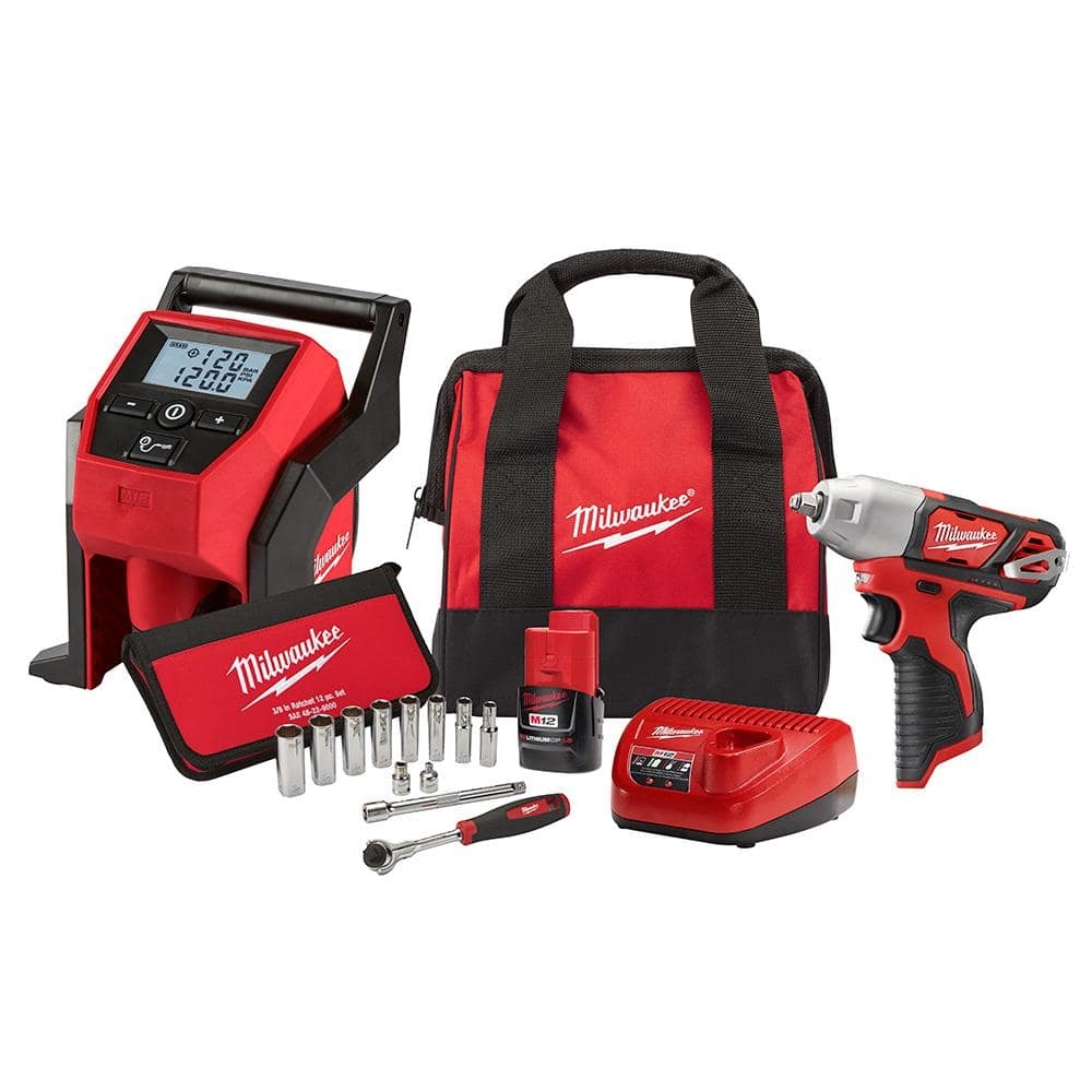 Milwaukee M12 12V Lithium Ion Cordless 3 8 In Impact Wrench And Inflator Combo Kit With 3 8 In Drive Metric Socket Set 2463 21RS The Home Depot