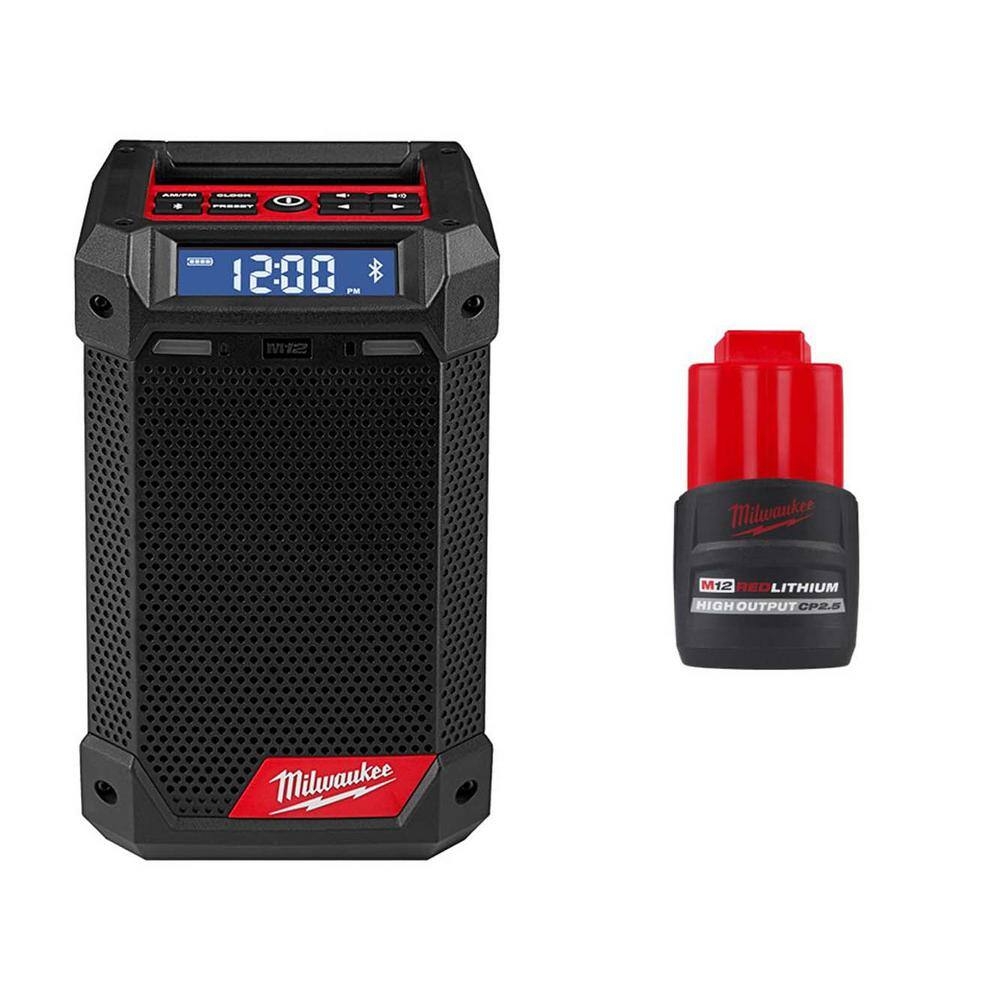 Milwaukee M12 12V Lithium Ion Cordless Bluetooth AM FM Jobsite Radio With M12 12V Lithium Ion CP High Output 2 5Ah Battery Pack 2951 20 48 11 2425 The Home Depot