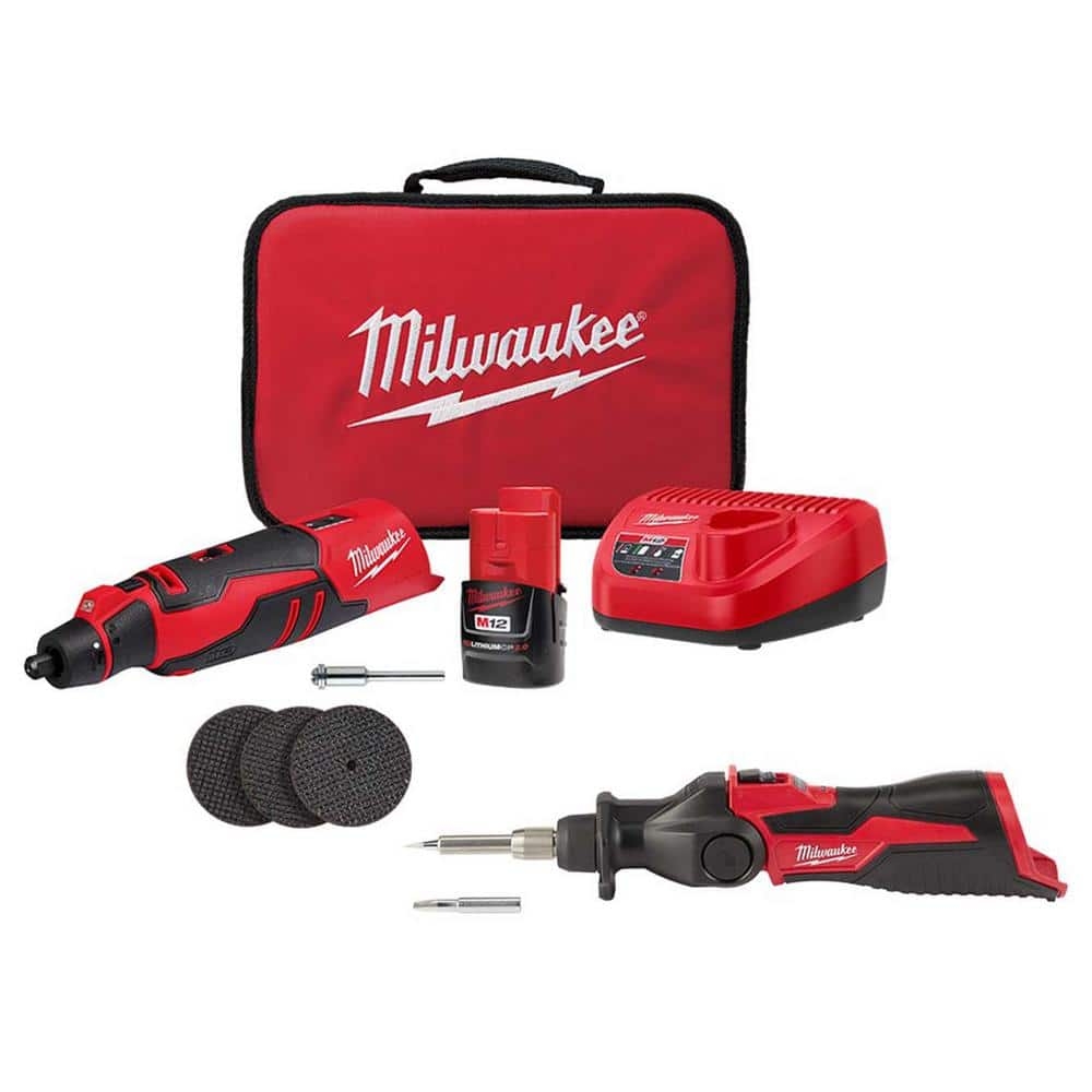 Milwaukee M12 12V Lithium Ion Cordless Brushless Rotary Tool Kit With M12 12 Volt Lithium Ion Cordless Soldering Iron 2525 21 2488 20 The Home Depot
