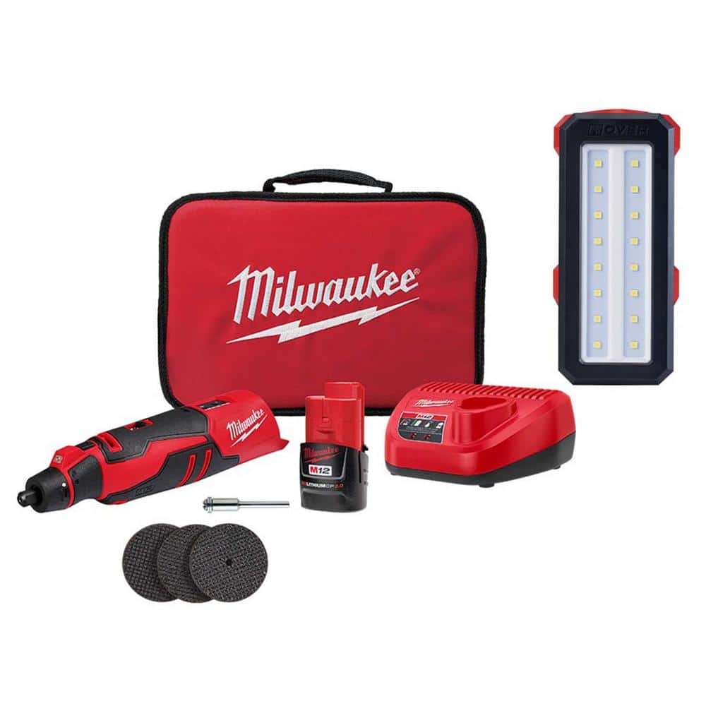 Milwaukee M12 12V Lithium Ion Cordless Brushless Rotary Tool Kit With M12 12V ROVER Service And Repair Flood Light 2525 21 2367 20 The Home Depot