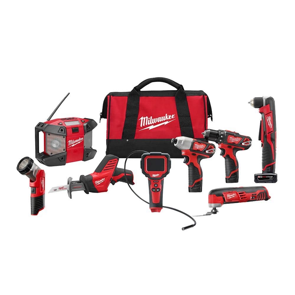 Milwaukee M12 12V Lithium Ion Cordless Combo Tool Kit 8 Tool W 2 1 5Ah And 1 3 0Ah Batteries 1 Charger 1 Tool Bag 2495 28 The Home Depot