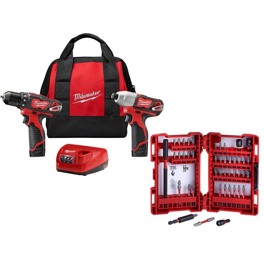 Milwaukee M12 12V Lithium Ion Cordless Drill Driver Impact Driver W Two 1 5Ah Batteries Charger 2 Tool 45pc Bit Kit 2494 22 48 32 4023 The Home Depot