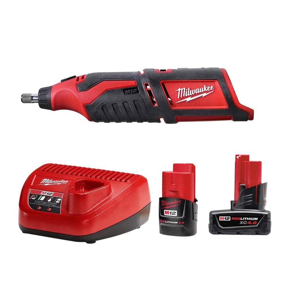 Milwaukee M12 12V Lithium Ion Cordless Rotary Tool With One M12 4 0 Ah And One M12 2 0 Ah Battery Pack And Charger 48 59 2424 2460 20 The Home Depot