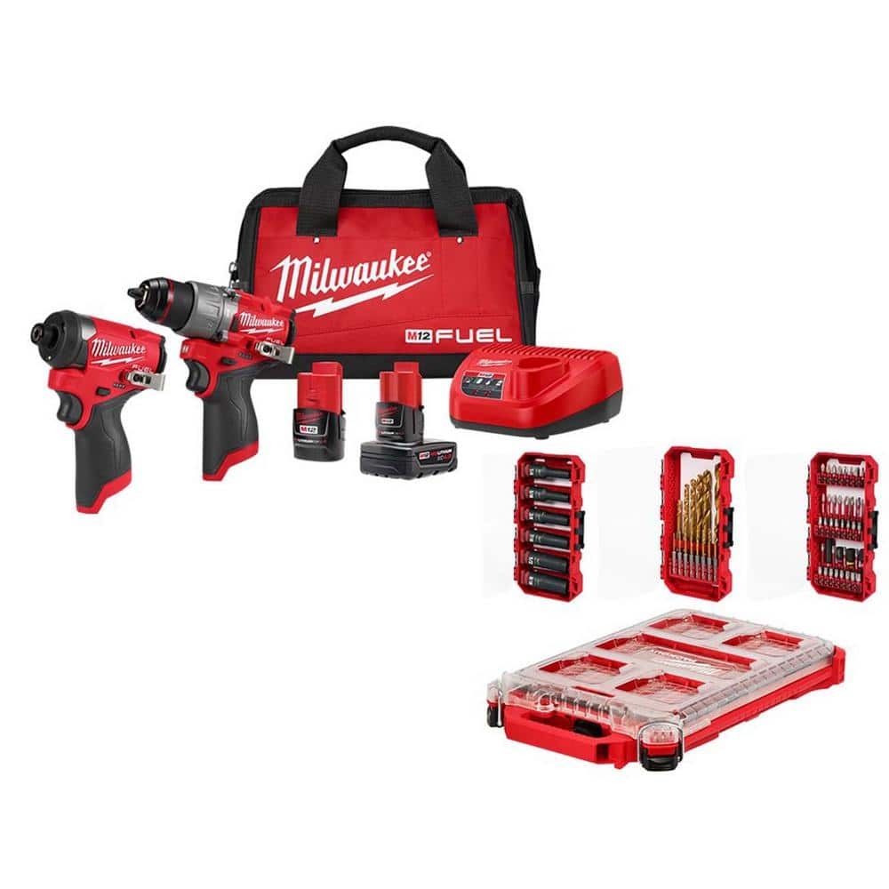 Milwaukee M12 FUEL 12 Volt Li Ion Brushless Cordless Hammer Drill Impact Driver Combo Kit W 2 Batteries Bag Bit Set 60 Pc 3497 22 48 32 5162 The Home Depot
