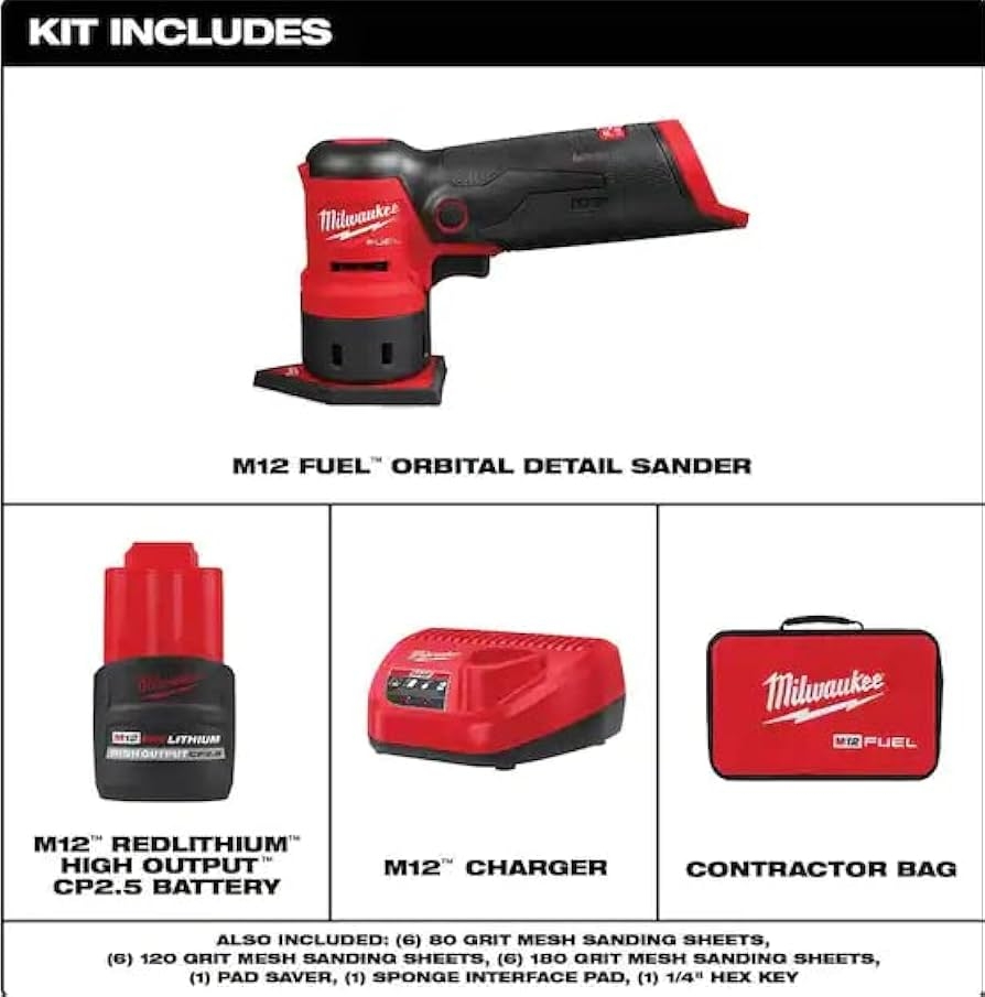 Milwaukee M12 FUEL 12 Volt Lithium Ion Brushless Cordless Orbital Detail Sander Kit With 1 High Output 2 5 Ah Battery Amazon