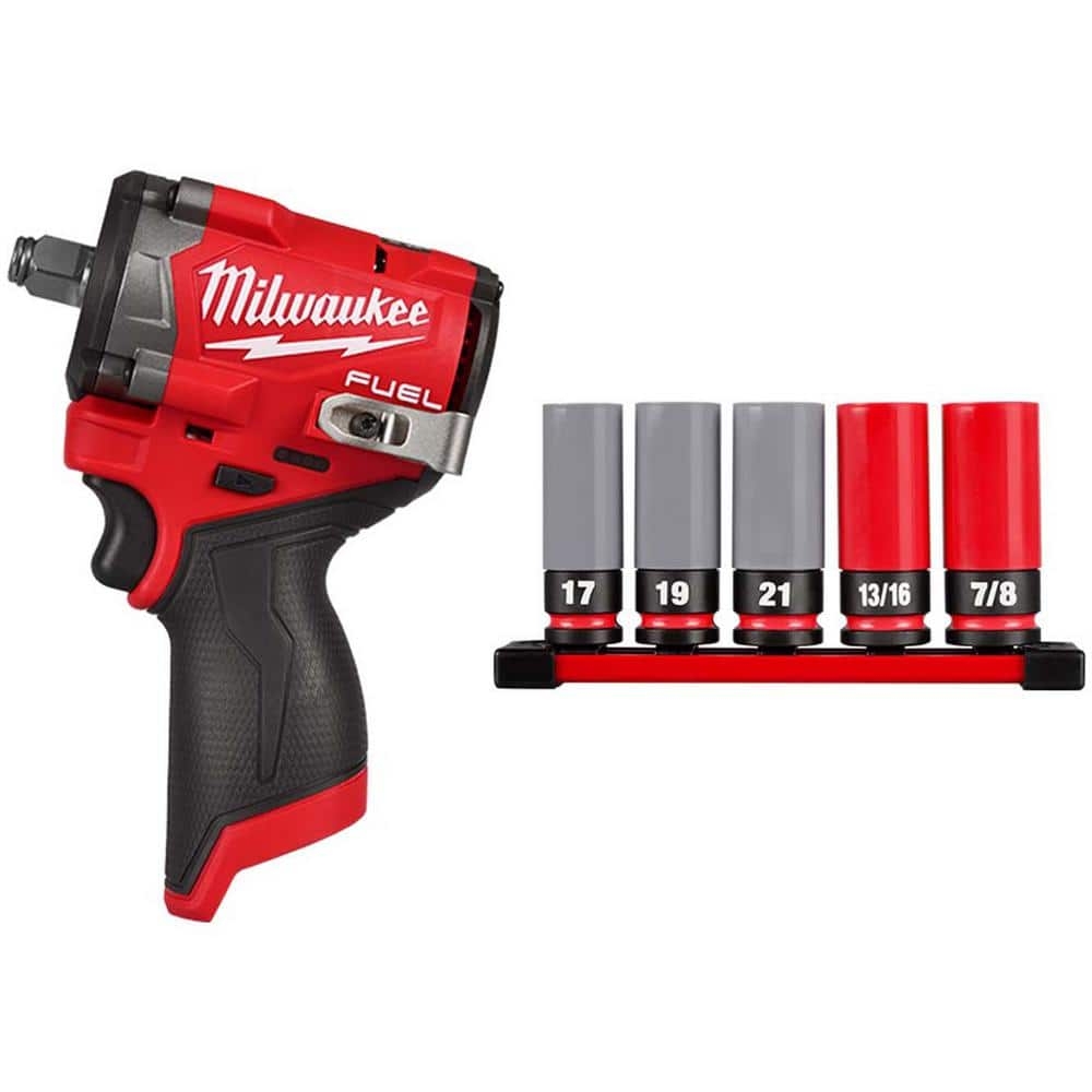 Milwaukee M12 FUEL 12V Li Ion Brushless Cordless Stubby 1 2 In Impact Wrench W SAE Metric Lug Nut Impact Socket Set 5 Pc 2563 20 49 66 7831 The Home Depot