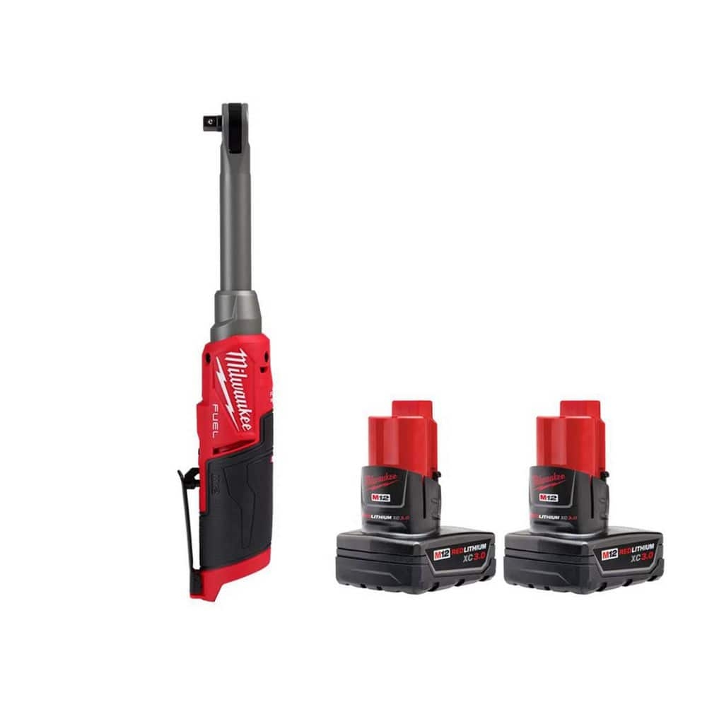 Milwaukee M12 FUEL 12V Lithium Ion 3 8 In Brushless Cordless Ratchet Extended Reach High Speed 3 0 Ah Battery Pack 2 Pack 2569 20 48 11 2412 The Home Depot