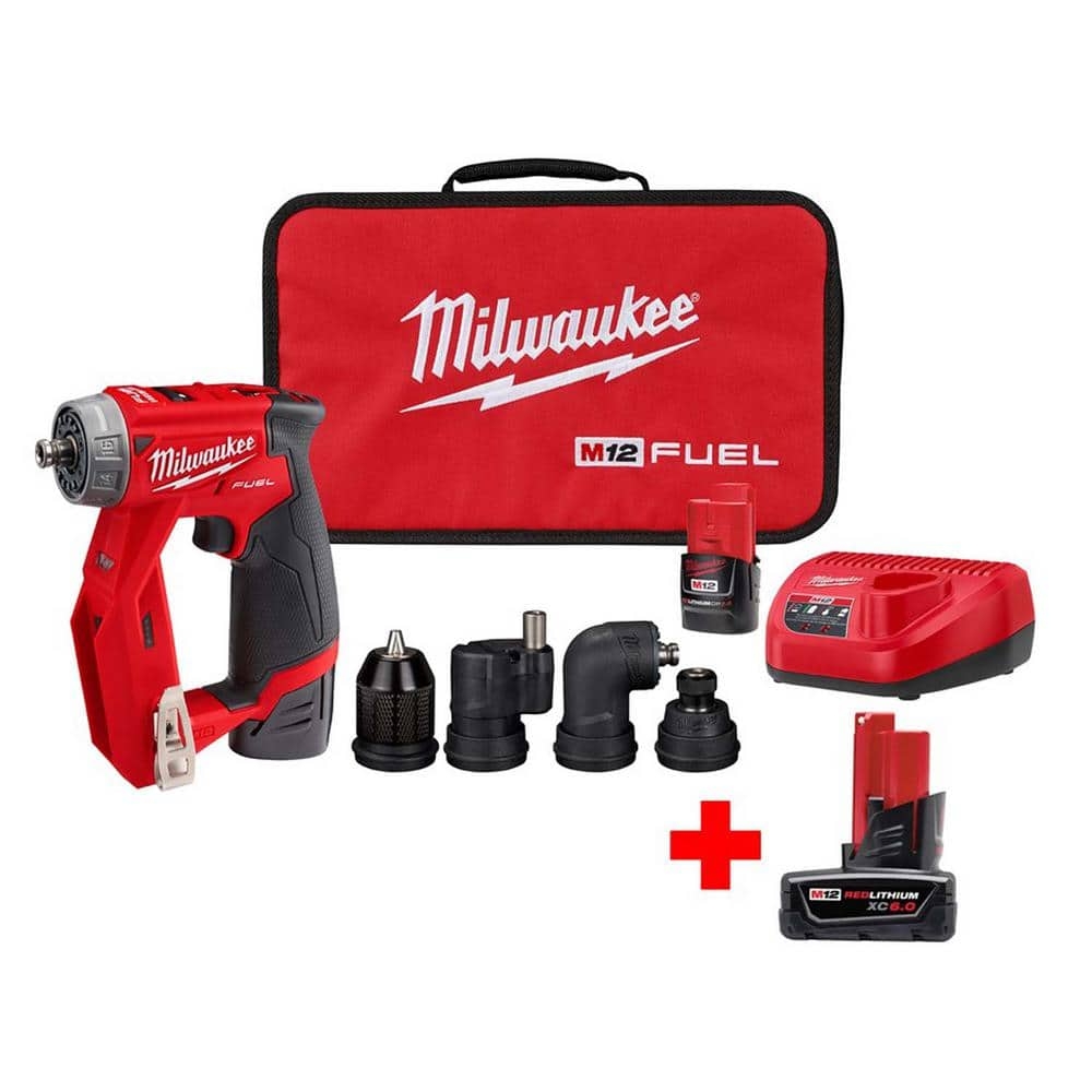 Milwaukee M12 FUEL 12V Lithium Ion Brushless Cordless 4 in 1 Interchangeable 3 8 In Drill Driver Kit With 6 0 Ah Battery 2505 22 48 11 2460 The Home Depot