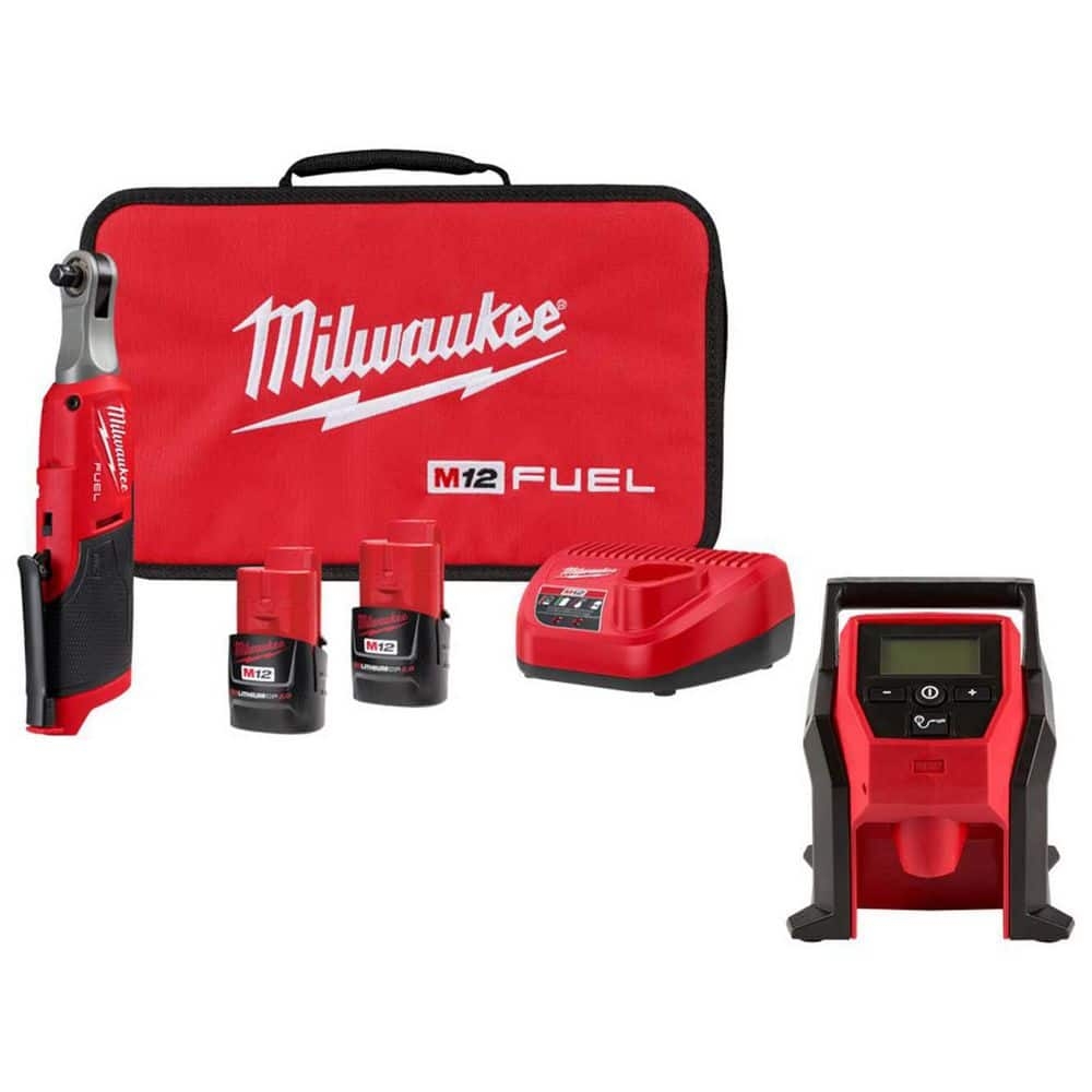 Milwaukee M12 FUEL 12V Lithium Ion Brushless Cordless High Speed 3 8 In Ratchet Kit W M12 Compact Inflator 2567 22 2475 20 The Home Depot