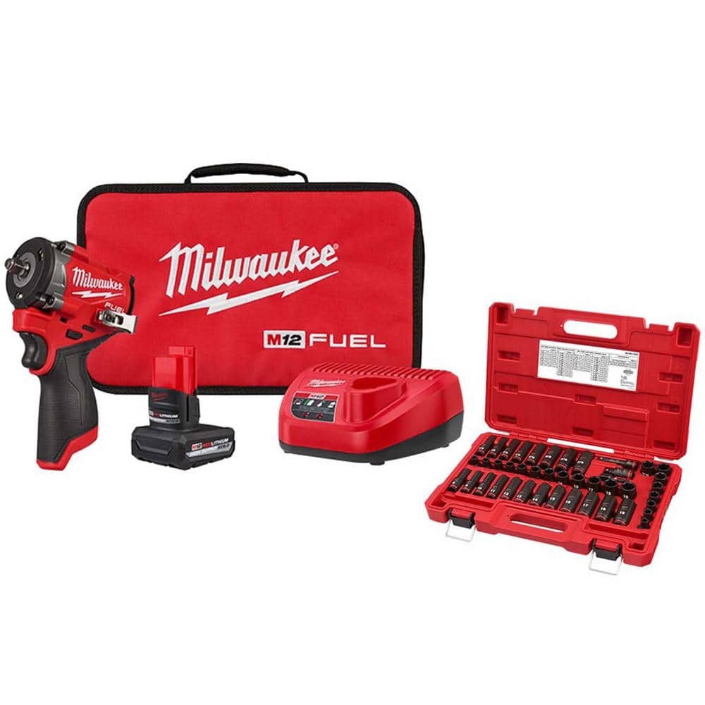 Milwaukee M12 FUEL 12V Lithium Ion Brushless Cordless Stubby 3 8 In Impact Wrench Kit W SAE And Metric Impact Socket Set 43 Pc 2562 21 49 66 7009 The Home Depot