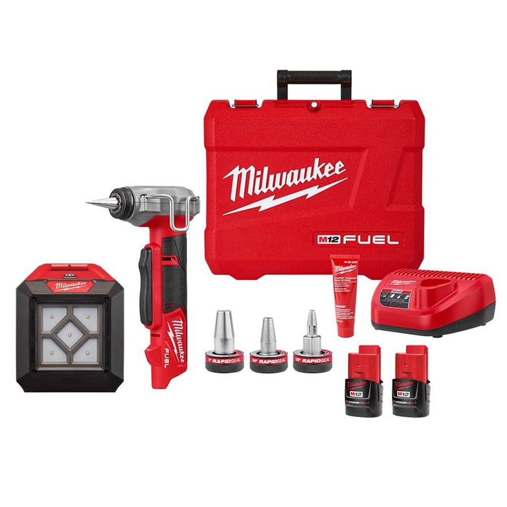 Milwaukee M12 FUEL Pro PEX Expansion Tool Kit With 1 2 In To 1 In ProPEX Expander Heads W M12 1000 Lumens Rover LED Light 2532 22 2364 20 The Home Depot