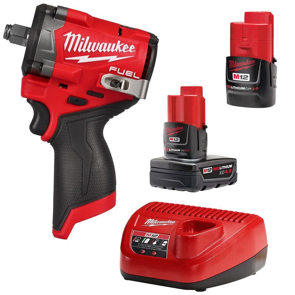 Milwaukee M12 FUEL Stubby 1 2 Impact Wrench With M12 Starter Kit 2563 20 48 59 2424 Acme Tools