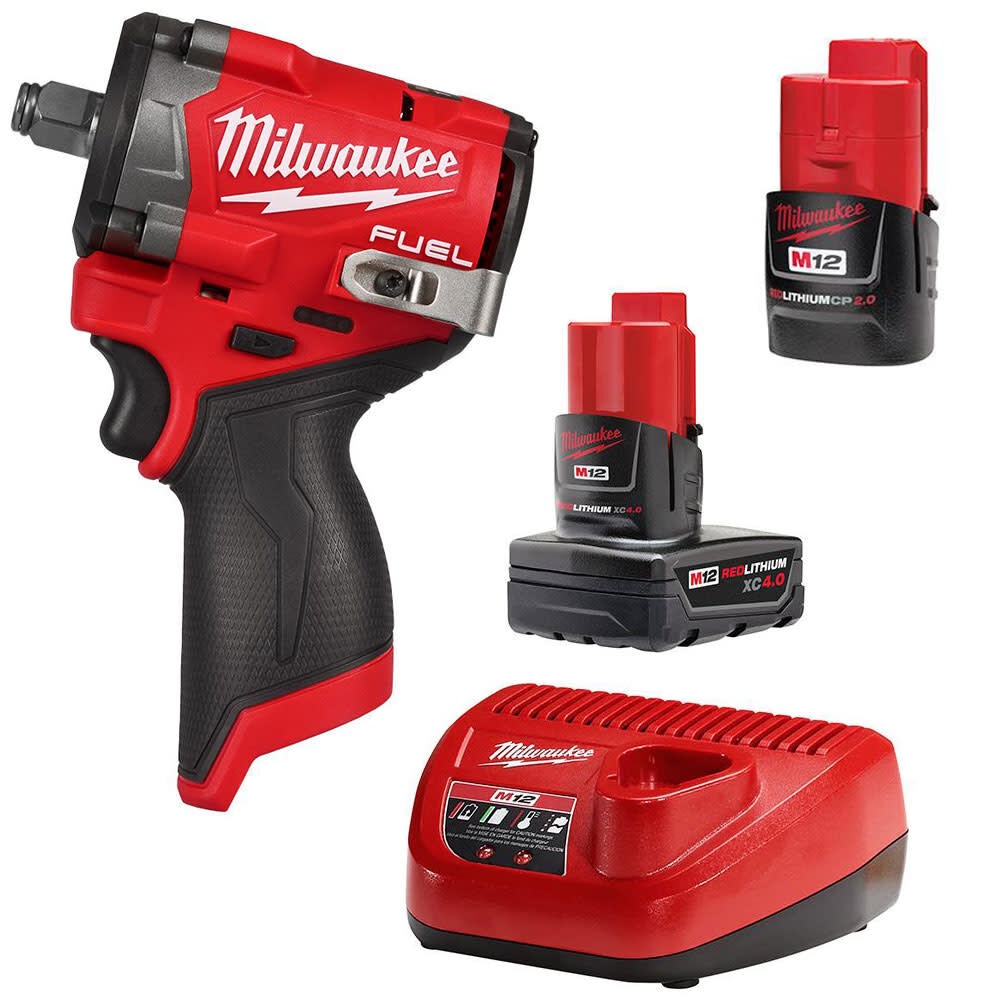 Milwaukee M12 FUEL Stubby 1 2 Impact Wrench With M12 Starter Kit 2563 20 48 59 2424 Acme Tools