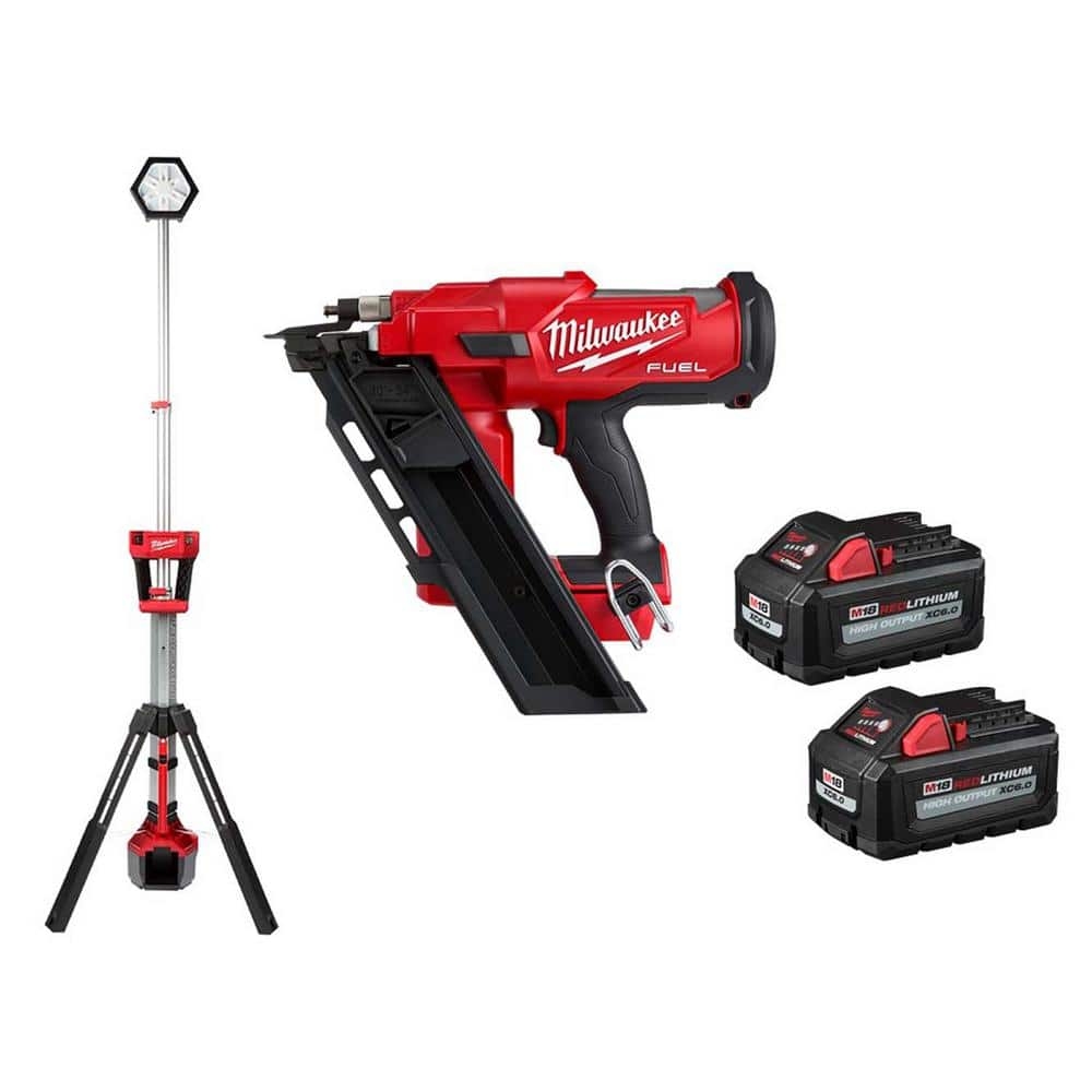 Milwaukee M18 18 Volt Lithium Ion Cordless Tower Light W 3 1 2 In 30 Degree Nailer Two 6Ah HO Batteries 2131 20 2745 20 48 11 1862 The Home Depot