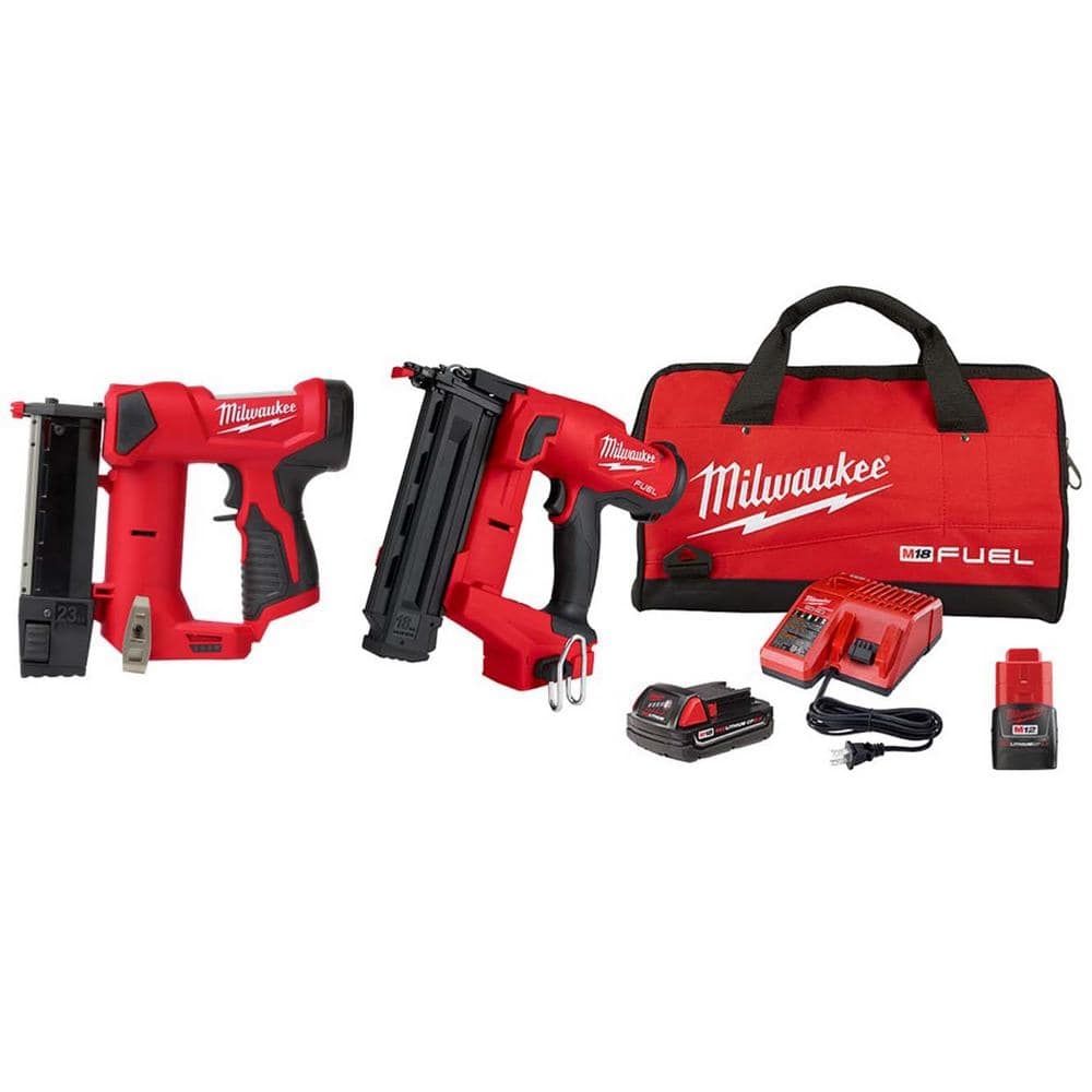 Milwaukee M18 FUEL 18 Volt Brushless Cordless 18 Gauge Brad Nailer Kit W M12 23 Gauge Cordless Pin Nailer M12 2 0AH Battery 2746 21CT 2540 20 48 11 2420 The Home Depot