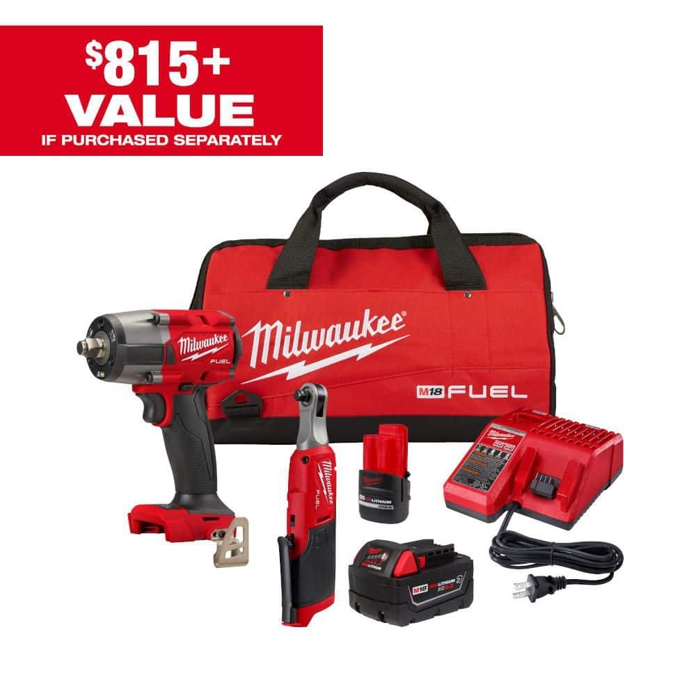 Milwaukee M18 FUEL 18V Cordless Mid Torque 1 2 In Impact Wrench W M12 FUEL 3 8 In Ratchet Battery Charger Combo Kit 3890 22 The Home Depot