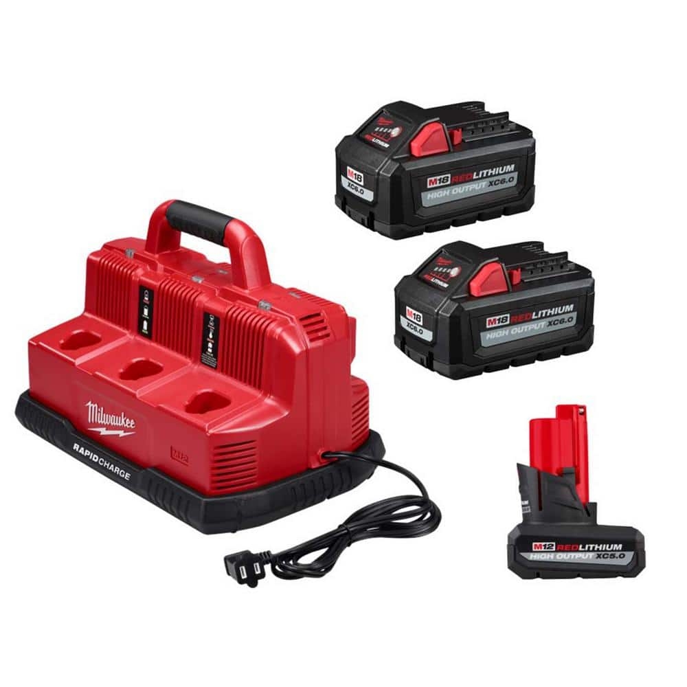 Milwaukee M18 M12 Multi Voltage 6 Port Sequential Rapid Battery Charger W 2 M18 6 0Ah Batteries 1 M12 5 0Ah Battery 48 59 1807 48 11 2450 48 11 1862 The Home Depot