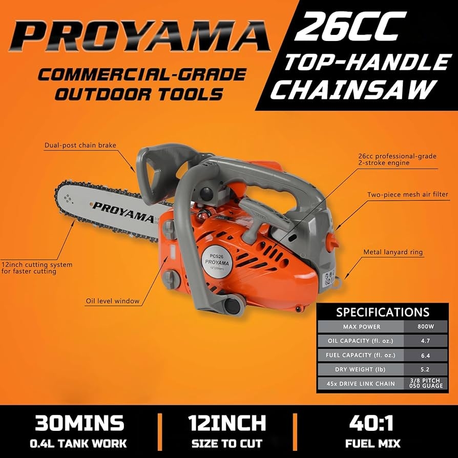 PROYAMA 26CC 2 Cycle Top Handle Gas Powered Chainsaw 12 Inch Petrol Handheld Cordless Chain Saw For Tree Wood Cutting Amazon ca Patio Lawn Garden
