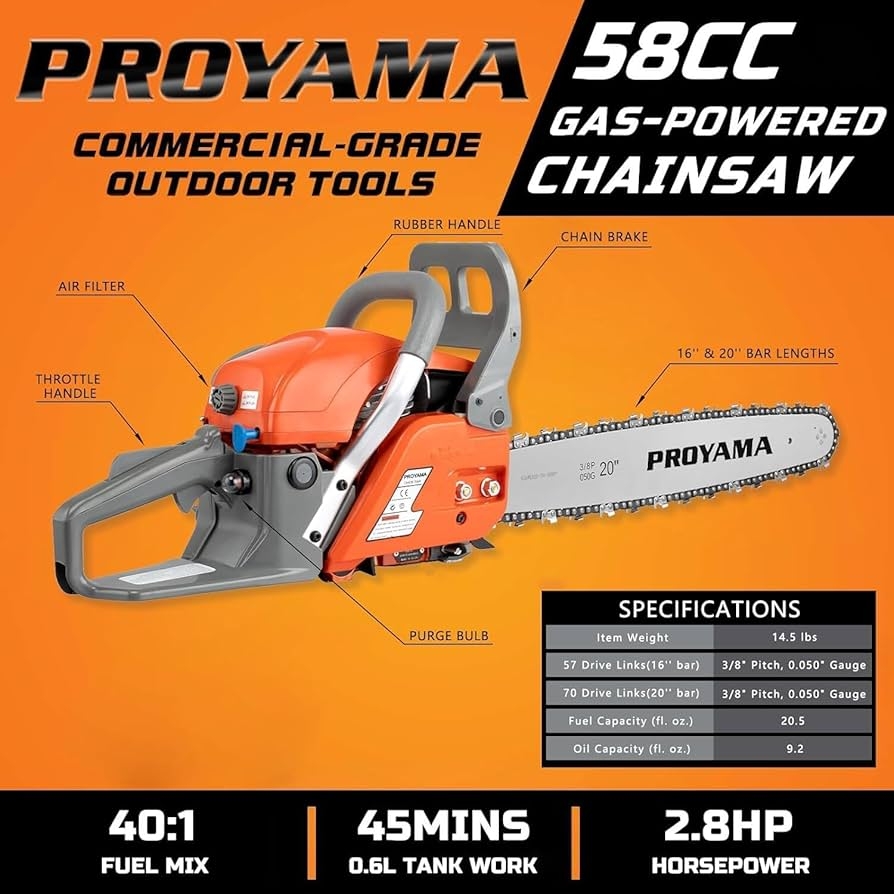 PROYAMA 58CC Cutting Performance Top Handle Gas Powered Chainsaw 16 Inch Gasoline Chainsaw 20 Inch For Farm Trees Garden And Ranch 2 Cycle Amazon ca Patio Lawn Garden