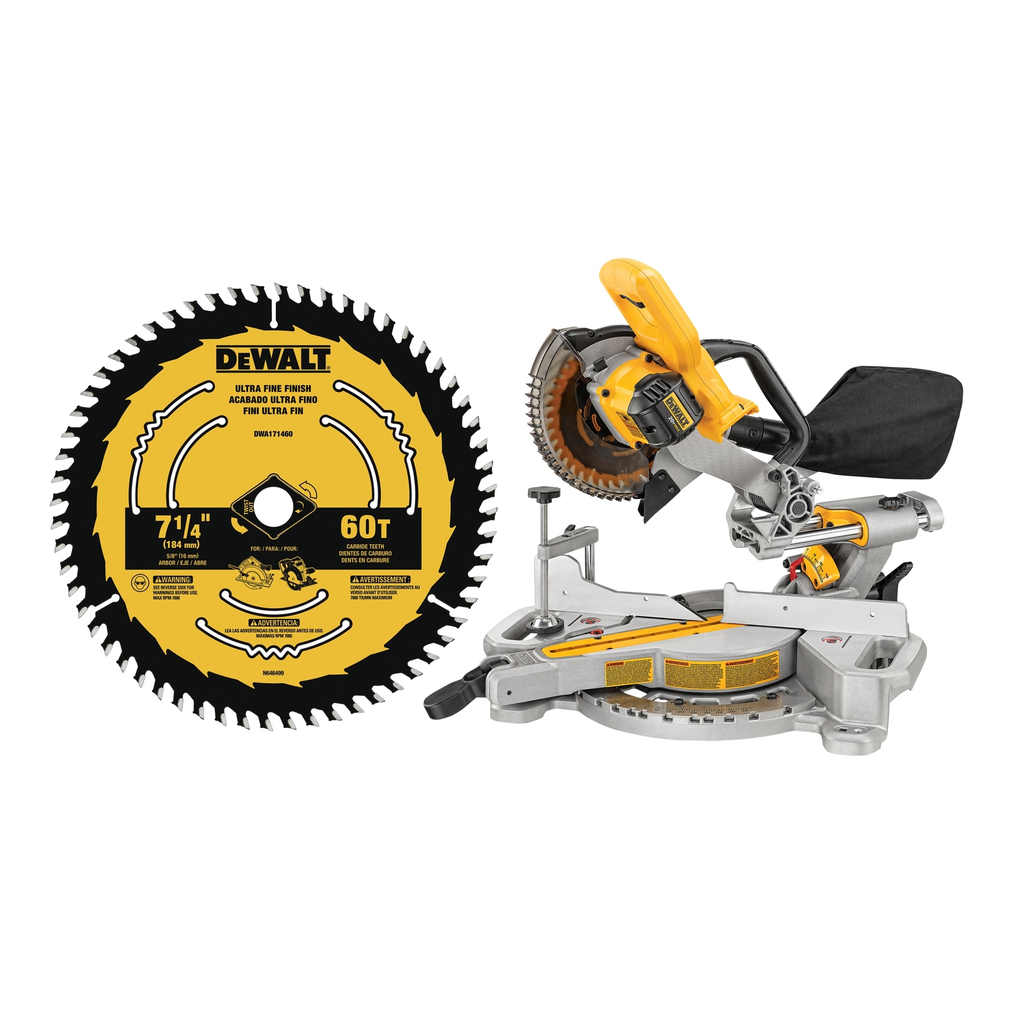 Shop DEWALT 7 1 4 in 20 Volt Max Single Bevel Sliding Compound Cordless Miter Saw 7 1 4 in 60 Tooth Tungsten Carbide Tipped Steel Circular Saw Blade At Lowes