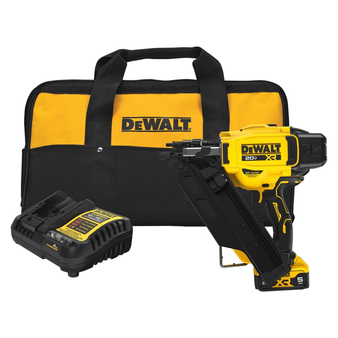 White Cap DeWalt 20V MAX Brushless Cordless 30 Degree Paper Tape Framing Nailer Kit