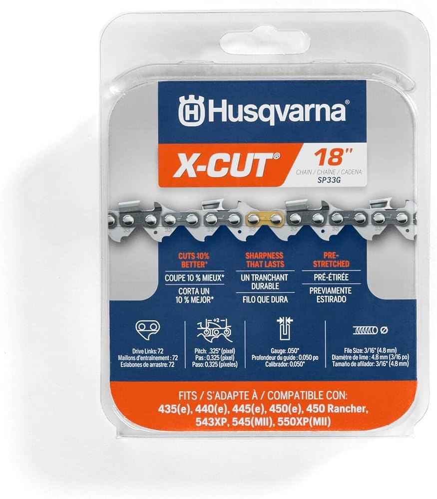Amazon Husqvarna X Cut SP33G 18 Inch Chainsaw Chain 325 Pitch 050 Gauge 72 Drive Links Pre Stretched Chainsaw Blade Replacement With Superior Lubrication And Low Kickback Gray Patio Lawn Garden