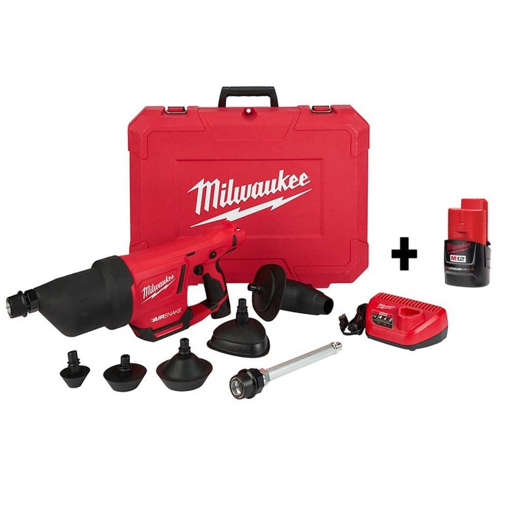 Milwaukee M12 12V Lithium Ion Cordless Drain Cleaning Airsnake Air Gun Kit With 2 2 0 Ah Batteries Toilet Attachments 2572B 21 48 11 2420 The Home Depot
